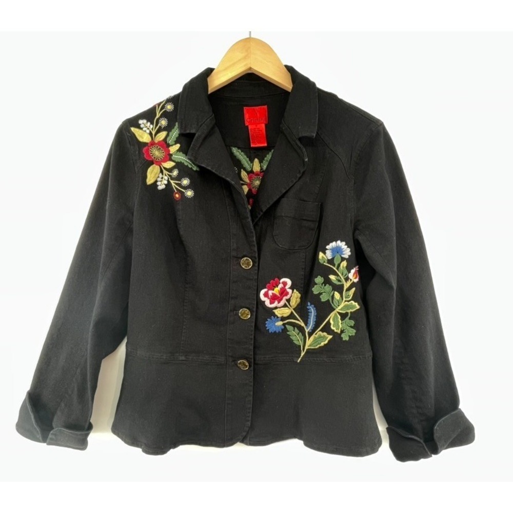 V Cristina Women's M Black Floral Embroidered Denim Jacket Whimsigoth Boho Chic - Picture 2 of 16
